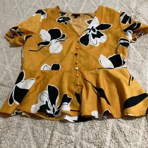 Who What Wear Women’s Oversized Yellow Black Floral Ruffle Boho Blouse